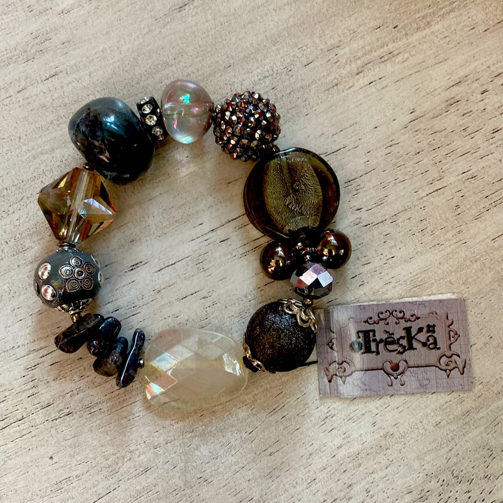 Treska designer beaded, gray and black and crystal stretch bracelet